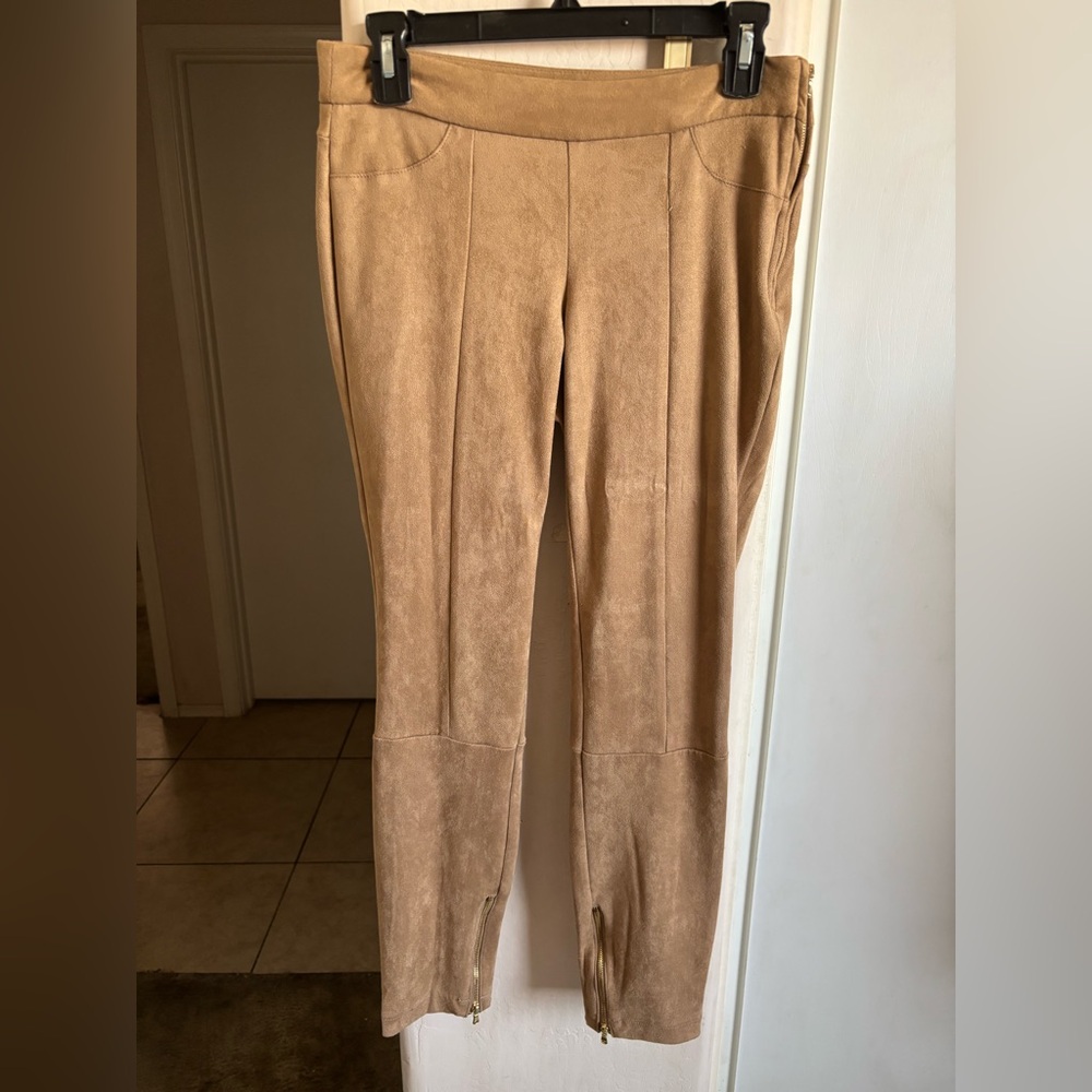 EUC Stylish Tan Suede like Women's pants, with zippered ankle bottoms, 2